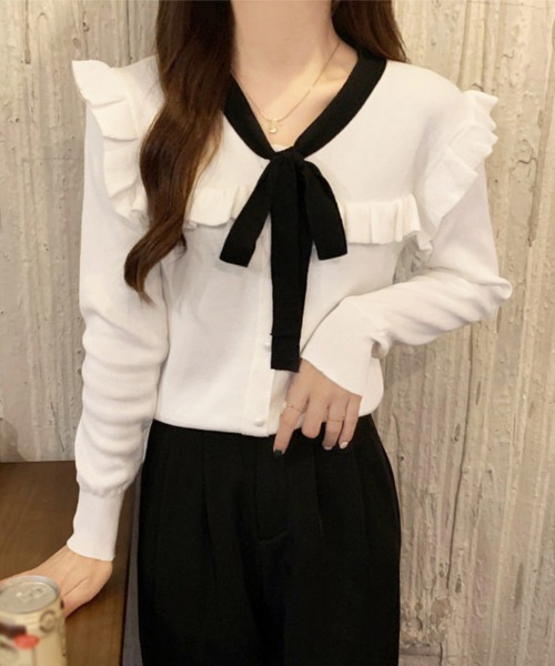 Miniministore(ミニミニストア)の「ボウタイニットトップス レディース 大人(ニット/セーター・レディース・ブラック/ホワイト/ワインレッド/ピンク・FREE)」の2枚目の写真