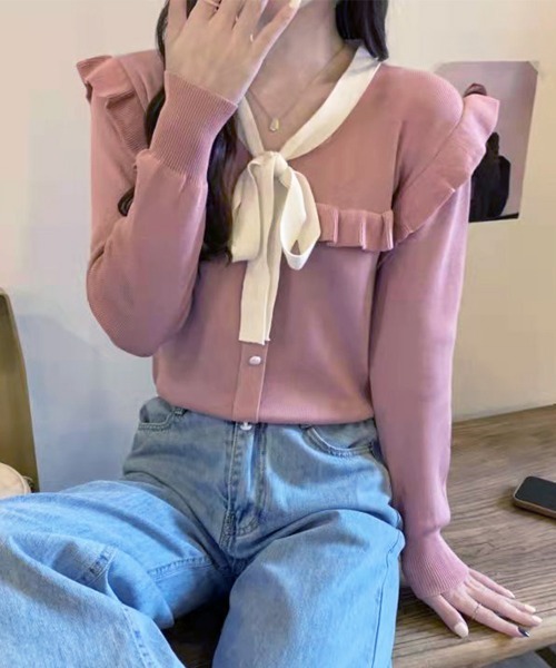 Miniministore(ミニミニストア)の「ボウタイニットトップス レディース 大人(ニット/セーター・レディース・ブラック/ホワイト/ワインレッド/ピンク・FREE)」の1枚目の写真
