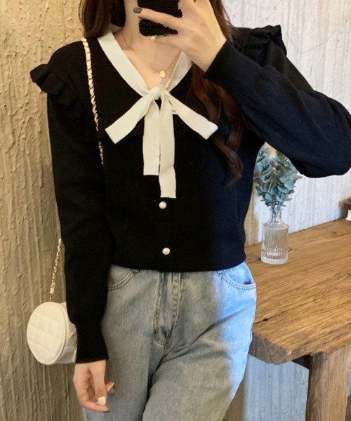 Miniministore(ミニミニストア)の「ボウタイニットトップス レディース 大人(ニット/セーター・レディース・ブラック/ホワイト/ワインレッド/ピンク・FREE)」の3枚目の写真