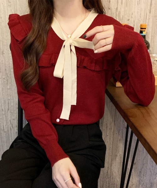 Miniministore(ミニミニストア)の「ボウタイニットトップス レディース 大人(ニット/セーター・レディース・ブラック/ホワイト/ワインレッド/ピンク・FREE)」の4枚目の写真