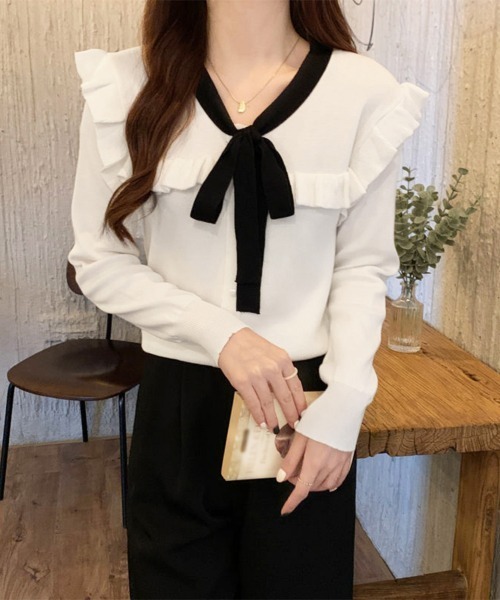 Miniministore(ミニミニストア)の「ボウタイニットトップス レディース 大人(ニット/セーター・レディース・ブラック/ホワイト/ワインレッド/ピンク・FREE)」の5枚目の写真