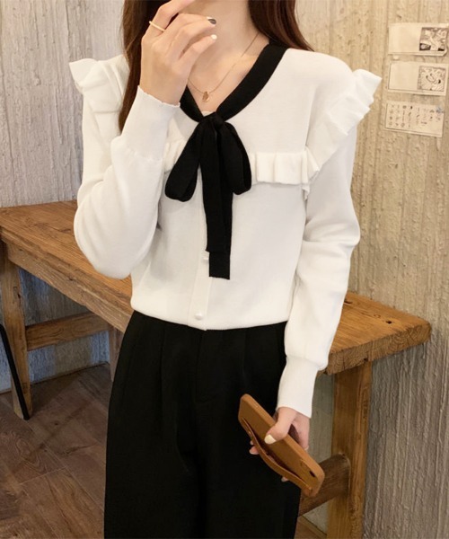 Miniministore(ミニミニストア)の「ボウタイニットトップス レディース 大人(ニット/セーター・レディース・ブラック/ホワイト/ワインレッド/ピンク・FREE)」の6枚目の写真