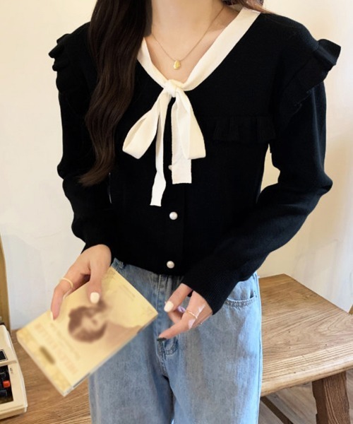 Miniministore(ミニミニストア)の「ボウタイニットトップス レディース 大人(ニット/セーター・レディース・ブラック/ホワイト/ワインレッド/ピンク・FREE)」の8枚目の写真