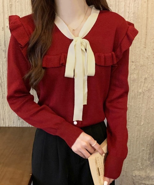 Miniministore(ミニミニストア)の「ボウタイニットトップス レディース 大人(ニット/セーター・レディース・ブラック/ホワイト/ワインレッド/ピンク・FREE)」の10枚目の写真