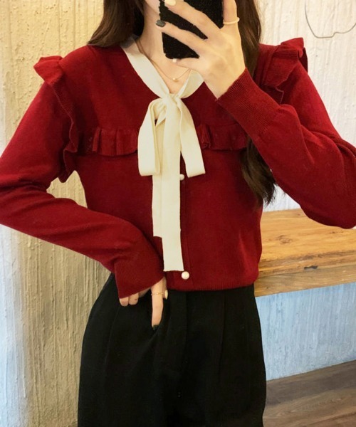 Miniministore(ミニミニストア)の「ボウタイニットトップス レディース 大人(ニット/セーター・レディース・ブラック/ホワイト/ワインレッド/ピンク・FREE)」の7枚目の写真