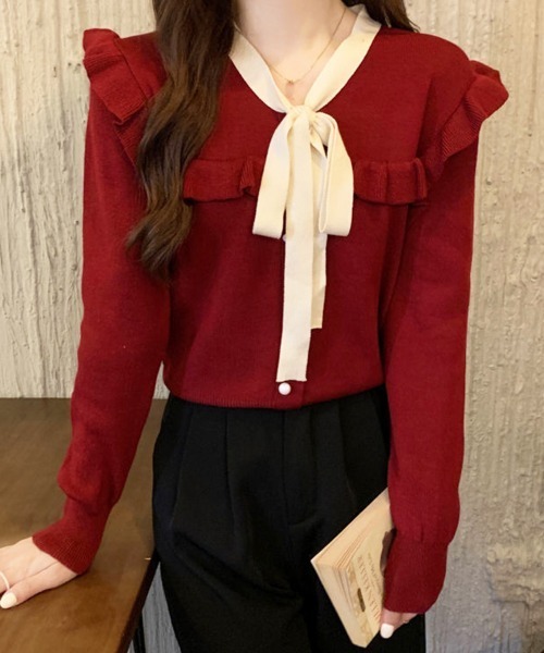 Miniministore(ミニミニストア)の「ボウタイニットトップス レディース 大人(ニット/セーター・レディース・ブラック/ホワイト/ワインレッド/ピンク・FREE)」の11枚目の写真