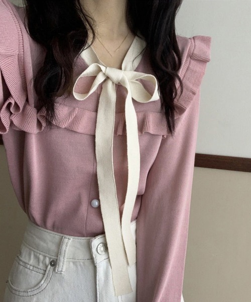 Miniministore(ミニミニストア)の「ボウタイニットトップス レディース 大人(ニット/セーター・レディース・ブラック/ホワイト/ワインレッド/ピンク・FREE)」の12枚目の写真
