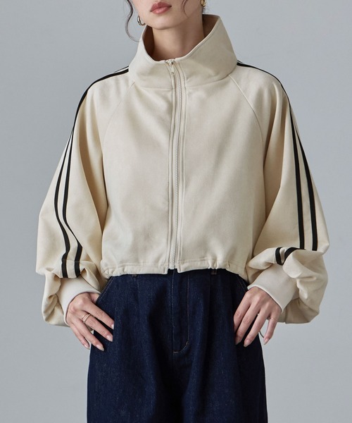 etoll.（エトル）の「サイドラインスエード調トラックジャケット（ブルゾン・レディース・ブラウン/アイボリー/チャコール・M）」の4枚目の写真