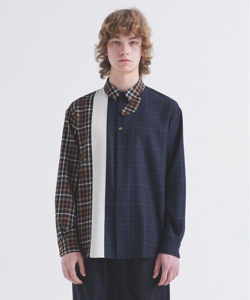 CULLNI（クルニ）の「CULLNI for DAKS LONDON Asymmetrical Switching Chin Tab Shirt（シャツ/ブラウス・メンズ・ブラック/ベージュ×ブラック/ネイビー/チェック・0/1/2）」の2枚目の写真