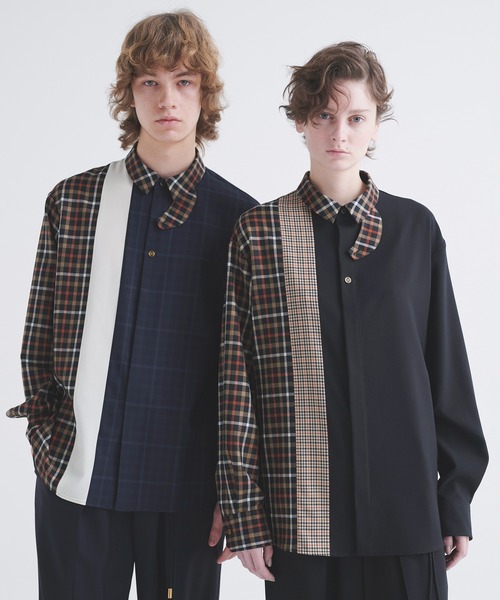 CULLNI（クルニ）の「CULLNI for DAKS LONDON Asymmetrical Switching Chin Tab Shirt（シャツ/ブラウス・メンズ・ブラック/ベージュ×ブラック/ネイビー/チェック・0/1/2）」の7枚目の写真