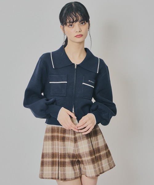 REDYAZEL（レディアゼル）の「バイカラーラインZIPニットジャケット（ニット/セーター・レディース・ネイビー/ブラウン/オフホワイト・FREE）」の4枚目の写真