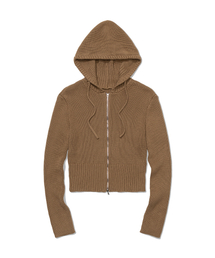 Ribbed Knit Zip Hoodie (BROWN)