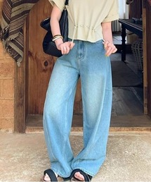 BY THE BAY（バイザベイ）の「デニムパンツ/ヴィンテージライクデニムパンツ ワイドデニム ストレート バギーパンツ ロング丈 カジュアル ストリート 韓国ファッション（デニムパンツ）」