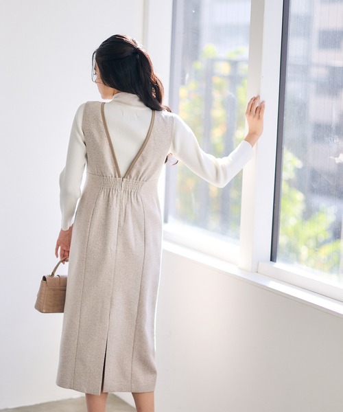 12Twelve Agenda（トゥエルブ　アジェンダ）の「合皮パイピングツイードナロージャンスカ（ワンピース・レディース・チャコールグレー/ベージュ・M）」の6枚目の写真