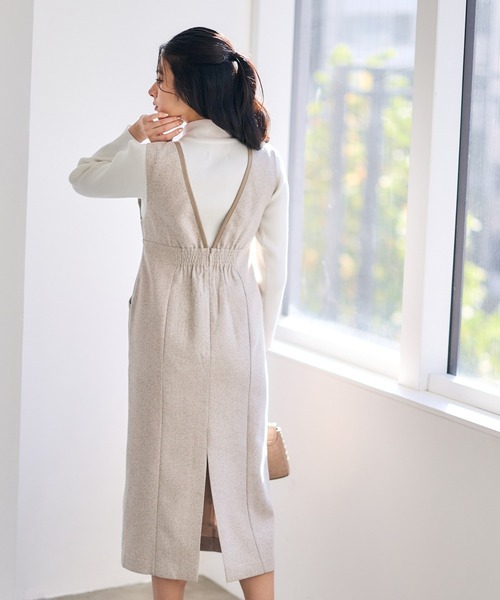 12Twelve Agenda（トゥエルブ　アジェンダ）の「合皮パイピングツイードナロージャンスカ（ワンピース・レディース・チャコールグレー/ベージュ・M）」の7枚目の写真