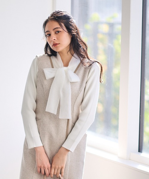 12Twelve Agenda（トゥエルブ　アジェンダ）の「合皮パイピングツイードナロージャンスカ（ワンピース・レディース・チャコールグレー/ベージュ・M）」の10枚目の写真