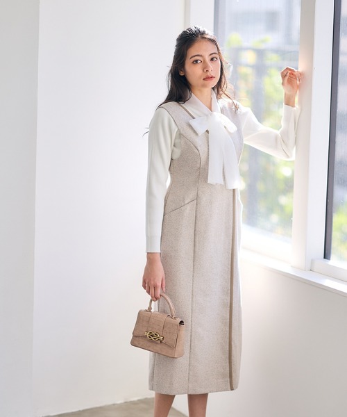 12Twelve Agenda（トゥエルブ　アジェンダ）の「合皮パイピングツイードナロージャンスカ（ワンピース・レディース・チャコールグレー/ベージュ・M）」の3枚目の写真