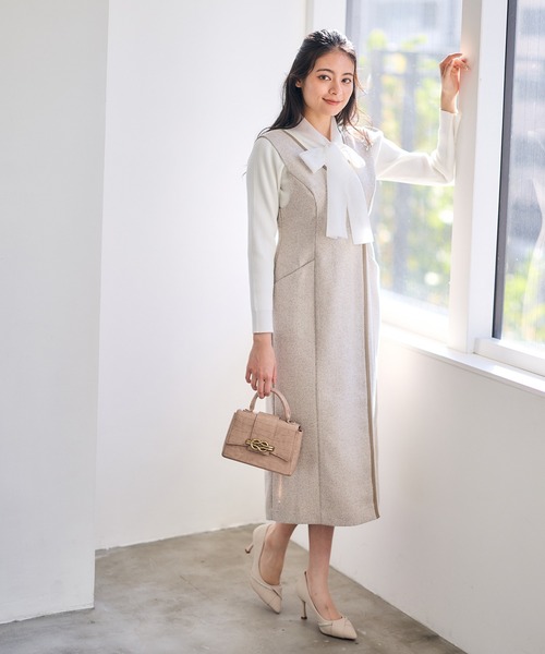 12Twelve Agenda（トゥエルブ　アジェンダ）の「合皮パイピングツイードナロージャンスカ（ワンピース・レディース・チャコールグレー/ベージュ・M）」の4枚目の写真