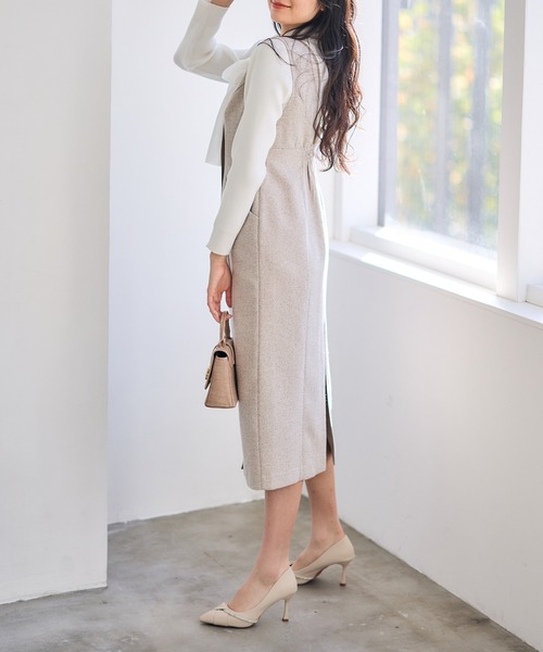 12Twelve Agenda（トゥエルブ　アジェンダ）の「合皮パイピングツイードナロージャンスカ（ワンピース・レディース・チャコールグレー/ベージュ・M）」の5枚目の写真