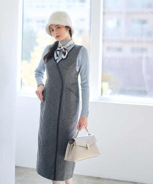 12Twelve Agenda（トゥエルブ　アジェンダ）の「合皮パイピングツイードナロージャンスカ（ワンピース・レディース・チャコールグレー/ベージュ・M）」の16枚目の写真