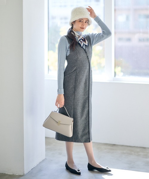 12Twelve Agenda（トゥエルブ　アジェンダ）の「合皮パイピングツイードナロージャンスカ（ワンピース・レディース・チャコールグレー/ベージュ・M）」の18枚目の写真
