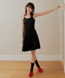 Jacquard rope belt frill neck mini dress - black
