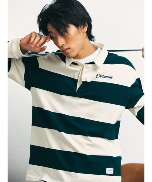 CONTEMENT(コンテメント)の「TWO COLOR STRIPE POLO T-SHIRT(ポロシャツ・メンズ・グリーン・LARGE/X-LARGE)」の2枚目の写真
