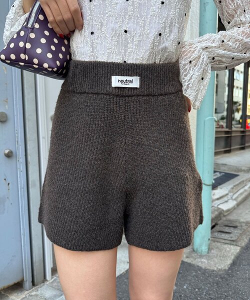 フミカウチダ ニットショートパンツ ブラウン リフ Riff 裏起毛ハイウエストショートパンツ ショート丈 ショーパン