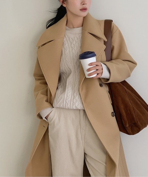 CHUL(チュル)の「ロングチェスターコート/上品ニュアンスベージュ/きれいめシルエット(チェスターコート・レディース・グレー/ブラック/ベージュ・FREE)」の2枚目の写真