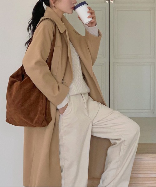 CHUL(チュル)の「ロングチェスターコート/上品ニュアンスベージュ/きれいめシルエット(チェスターコート・レディース・グレー/ブラック/ベージュ・FREE)」の4枚目の写真