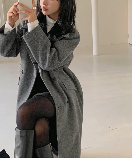 CHUL(チュル)の「ロングチェスターコート/上品ニュアンスベージュ/きれいめシルエット(チェスターコート・レディース・グレー/ブラック/ベージュ・FREE)」の10枚目の写真