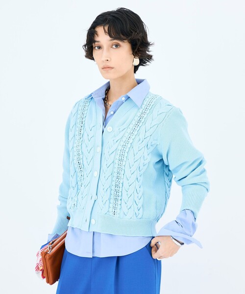 イタリア購入 セルリアンブルーの宝石の煌めき水色ボレロカーディガン セール】ケーブルニットカーディガン（カーディガン/ボレロ