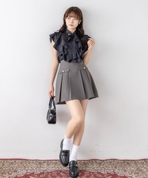 グレー プリーツ ミニスカート 調整ボタン付き ミニスカート プリーツスカート ミニ」に該当するグレー/灰色系の