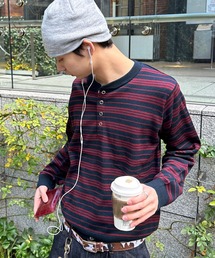 kutir | HENLEY NECK WOOL BLEND STRIPED KNIT/ヘンリーネックウールブレンドボーダーニット(Tシャツ/カットソー)