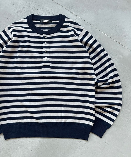kutir(クティール)の「HENLEY NECK WOOL BLEND STRIPED KNIT/ヘンリーネックウールブレンドボーダーニット(Tシャツ/カットソー・メンズ・ブラック/ネイビー/ボルドー/ブラウン・LARGE/MEDIUM)」の5枚目の写真