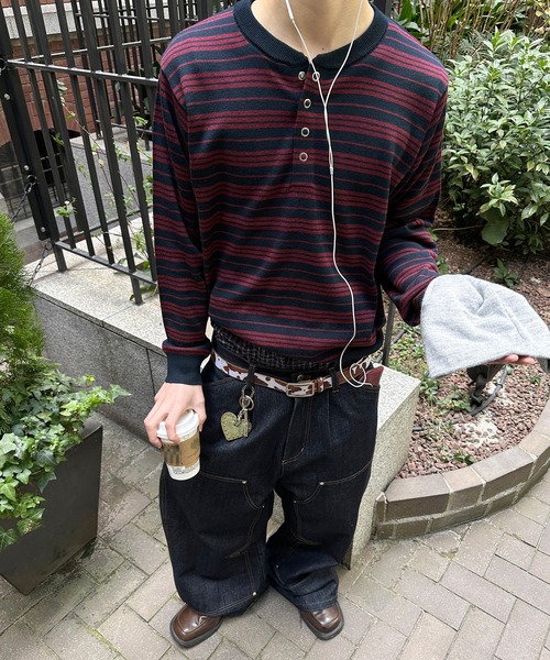 kutir(クティール)の「HENLEY NECK WOOL BLEND STRIPED KNIT/ヘンリーネックウールブレンドボーダーニット(Tシャツ/カットソー・メンズ・ブラック/ネイビー/ボルドー/ブラウン・LARGE/MEDIUM)」の16枚目の写真