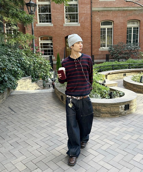 kutir(クティール)の「HENLEY NECK WOOL BLEND STRIPED KNIT/ヘンリーネックウールブレンドボーダーニット(Tシャツ/カットソー・メンズ・ブラック/ネイビー/ボルドー/ブラウン・LARGE/MEDIUM)」の11枚目の写真