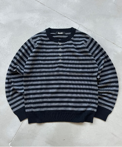 kutir(クティール)の「HENLEY NECK WOOL BLEND STRIPED KNIT/ヘンリーネックウールブレンドボーダーニット(Tシャツ/カットソー・メンズ・ブラック/ネイビー/ボルドー/ブラウン・LARGE/MEDIUM)」の21枚目の写真