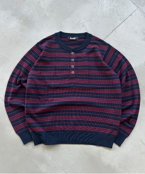 kutir(クティール)の「HENLEY NECK WOOL BLEND STRIPED KNIT/ヘンリーネックウールブレンドボーダーニット(Tシャツ/カットソー・メンズ・ブラック/ネイビー/ボルドー/ブラウン・LARGE/MEDIUM)」の22枚目の写真