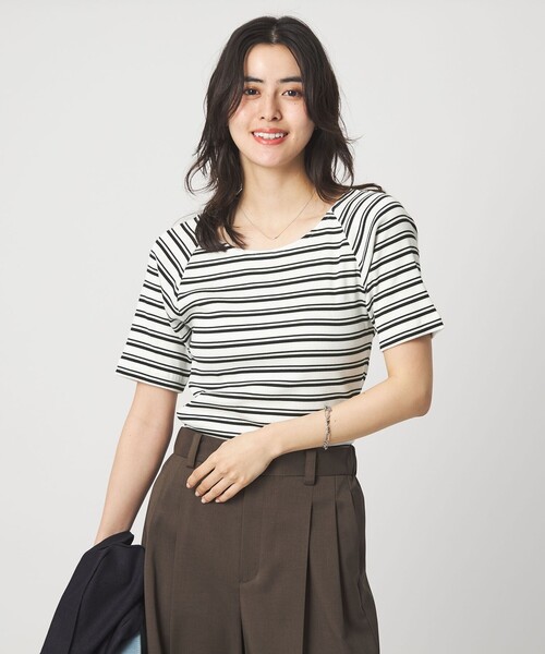 green label relaxing(グリーンレーベルリラクシング)の「ブライトリブ ボートネック 5分袖 プルオーバー カットソー(Tシャツ/カットソー・レディース・オフホワイト/ダークブラウン/ライム/ネイビー/その他1・FREE)」の5枚目の写真