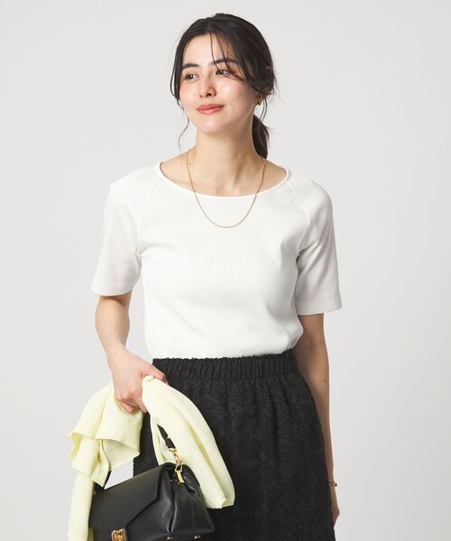 green label relaxing(グリーンレーベルリラクシング)の「ブライトリブ ボートネック 5分袖 プルオーバー カットソー(Tシャツ/カットソー・レディース・オフホワイト/ダークブラウン/ライム/ネイビー/その他1・FREE)」の6枚目の写真