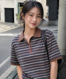 ストライプビスケットカラー半袖Tシャツチャコール