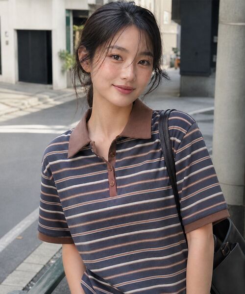 SAYUU(サユ)の「ストライプビスケットカラー半袖Tシャツチャコール(ポロシャツ・レディース・チャコールグレー・FREE)」の6枚目の写真