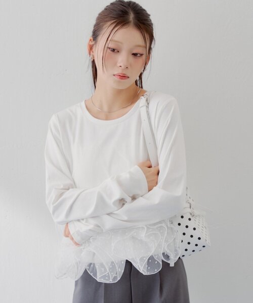 【SALON by Chico】チュールデザインドッキングペプラムロンT SALON by Chico】チュールデザインドッキングペプラムロンT（Tシャツ