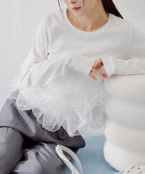 新品タグ付きSALON by Chico ランダムチュールドッキングニットグレー Chico（チコ）の「【SALON by Chico】ランダムチュールドッキング
