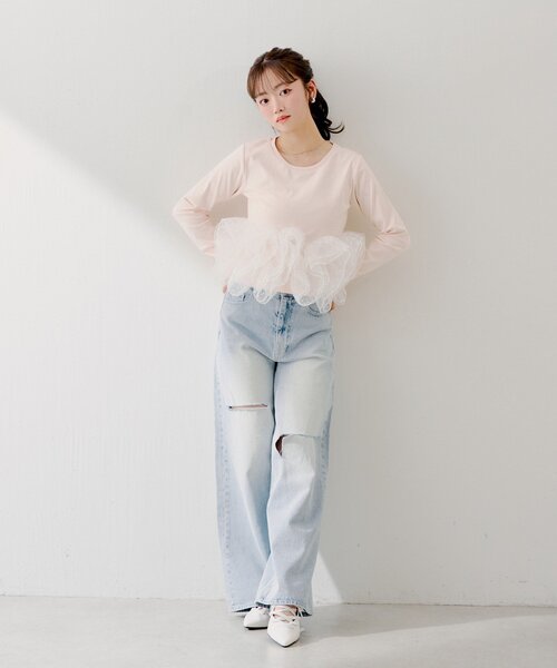 【SALON by Chico】チュールデザインドッキングペプラムロンT SALON by Chico】チュールデザインドッキングペプラムロンT（Tシャツ