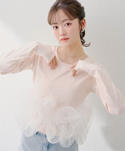 【SALON by Chico】チュールデザインドッキングペプラムロンT SALON by Chico】チュールデザインドッキングペプラムロンT（Tシャツ