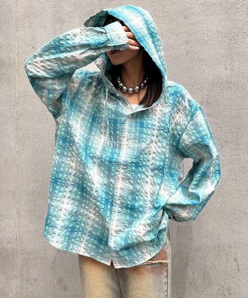 CIAOPANIC(チャオパニック)の「チェックサッカー フードシャツ(シャツ/ブラウス・レディース・ブルー/サックスブルー/ブラック/ホワイト・LARGE/MEDIUM)」の4枚目の写真