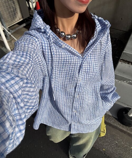 CIAOPANIC(チャオパニック)の「チェックサッカー フードシャツ(シャツ/ブラウス・レディース・ブルー/サックスブルー/ブラック/ホワイト・LARGE/MEDIUM)」の18枚目の写真