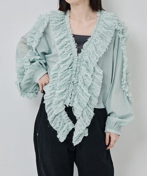 muller of yoshiokubo（ミュラーオブヨシオクボ）の「[muller of yoshiokubo/ミュラー・オブ・ヨシオクボ]RUFFLE CHIFFON BLOUSE（シャツ/ブラウス・レディース・ブラック/アイボリー/ミント・FREE）」の3枚目の写真